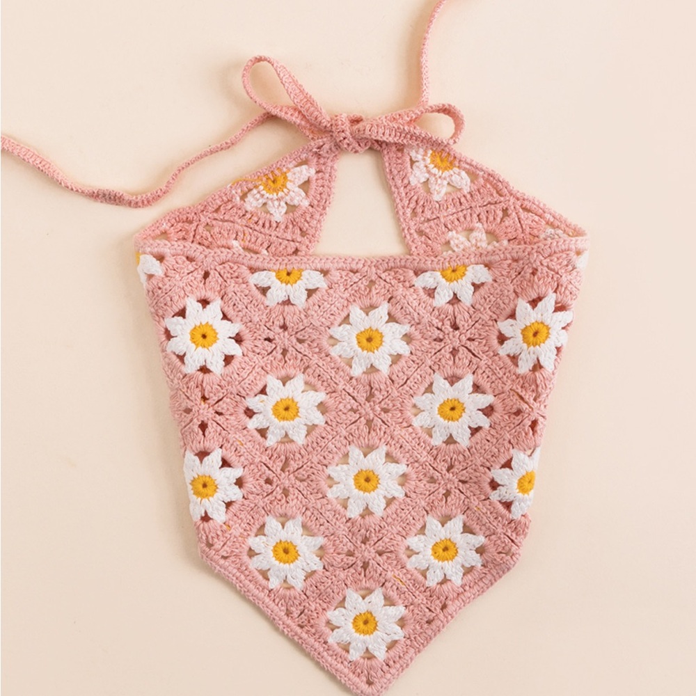 Pink Floral Handmade Crochet Headscarf